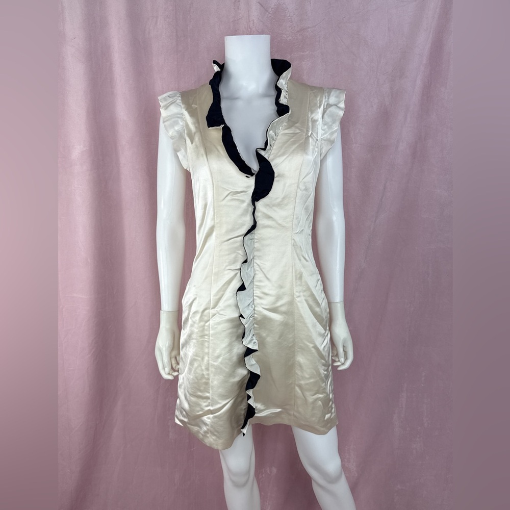 Adam Lippes Womens Gold Ivory Wool V Neck Mini Dress Size 4 Sleeveless Ruffle